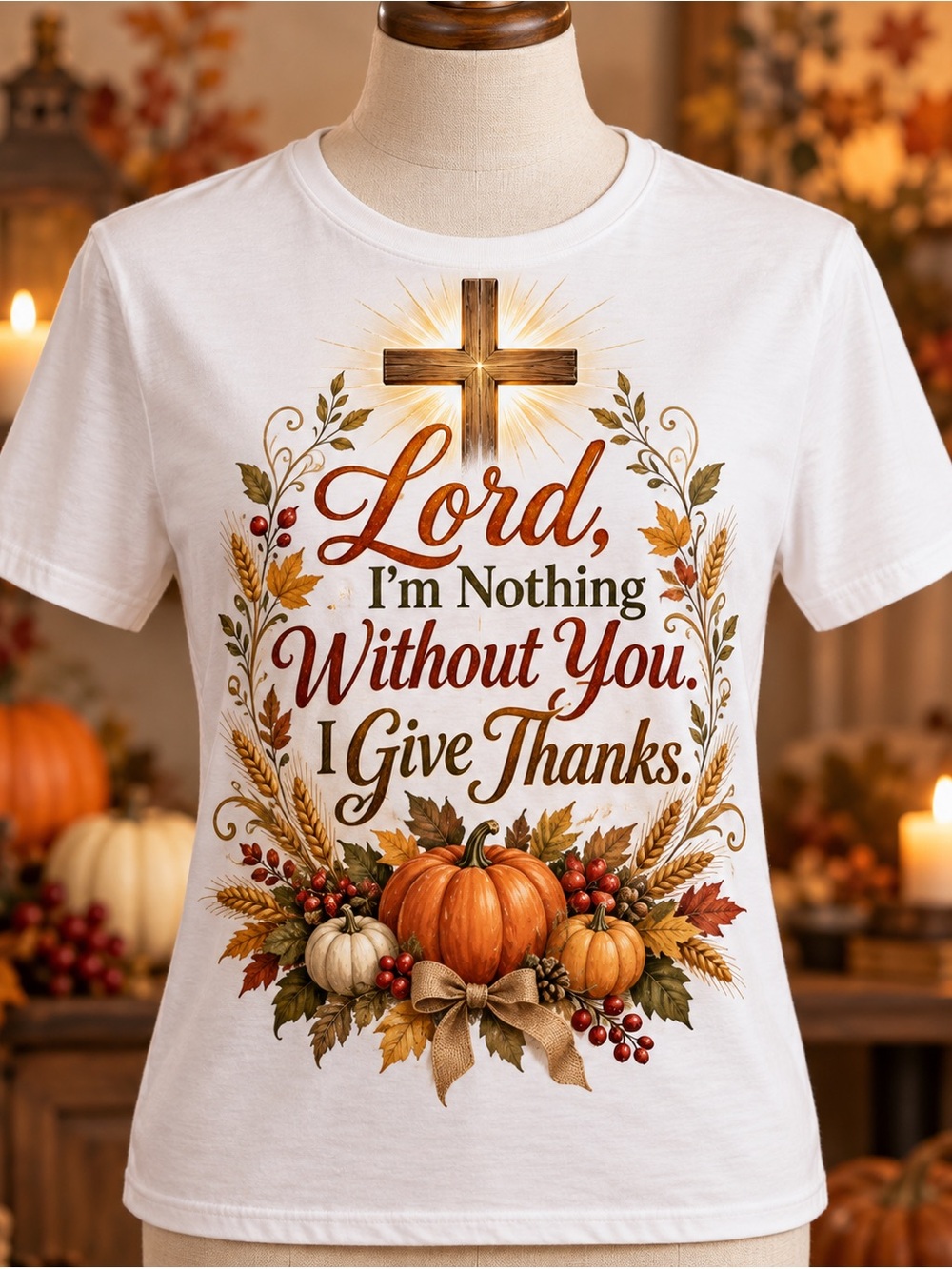 Gildan White Womens Tee with Autumn Pumpkin & Cross Faith Graphic
